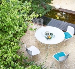 Bertoia Outdoor Plastic Chair - White Frame/Shell - Sea Green Cushion -Outdoor Furniture bertoia plastic outdoor 4 chair knoll 1 1